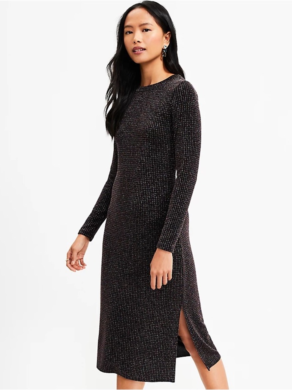 LOFT Ribbed Metallic Long-Sleeve Side Slit Midi Dress -Black Rainbow Metallic M